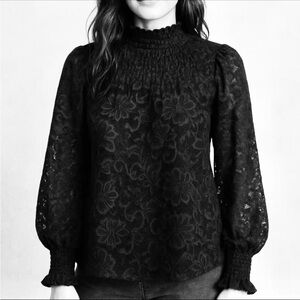 Anthropologie Cable & Gauge Women's M Black Lace High Neck Long Sleeve Blouse
